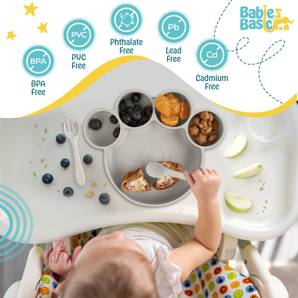 Babies Basic - Silicone Plate, Spoon and Fork Feeding Set - 3 Pcs - Grey