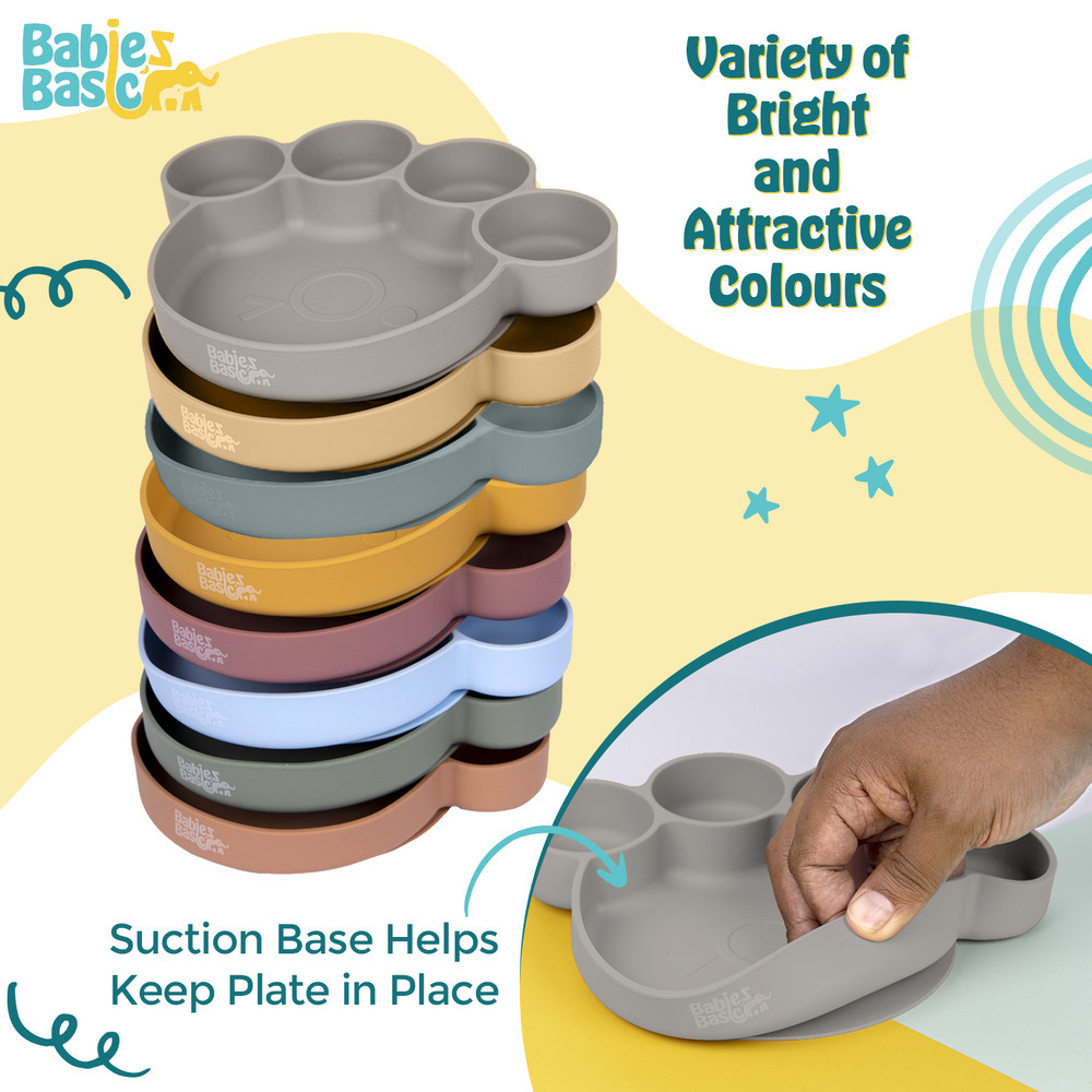Babies Basic - Silicone Plate, Spoon and Fork Feeding Set - 3 Pcs - Grey