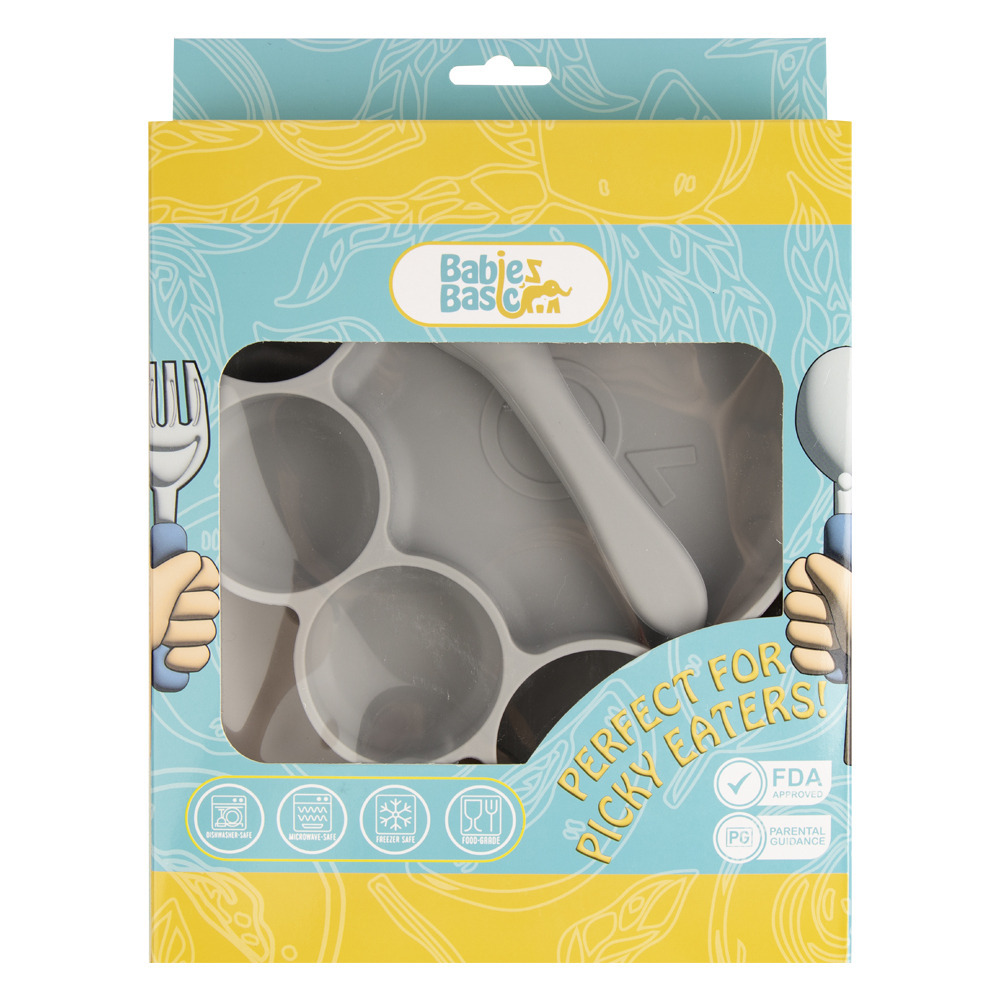 Babies Basic - Silicone Plate, Spoon and Fork Feeding Set - 3 Pcs - Grey