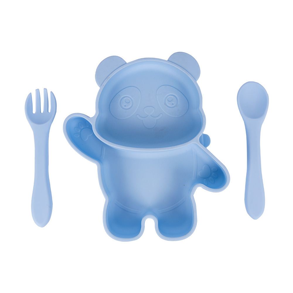 Babies Basic - Silicone Plate, Spoon and Fork Panda Feeding Set - 3 Pcs - Blue