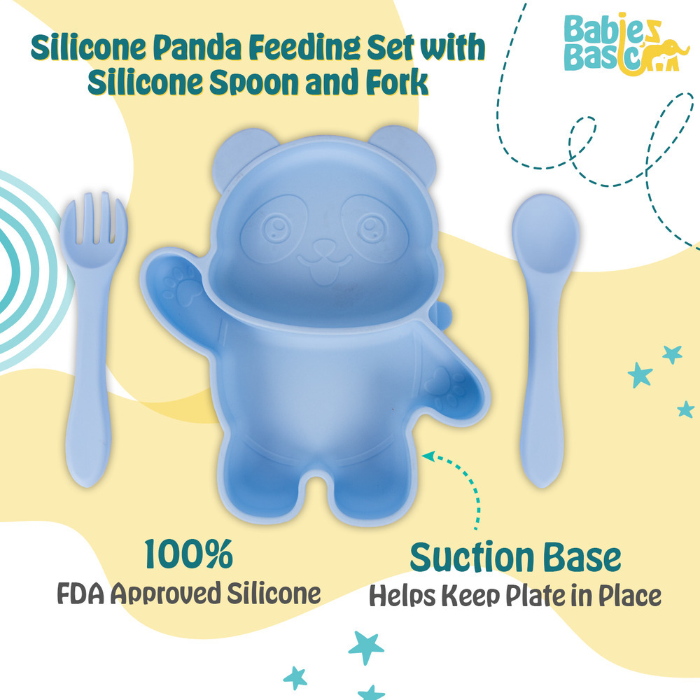 Babies Basic - Silicone Plate, Spoon and Fork Panda Feeding Set - 3 Pcs - Blue