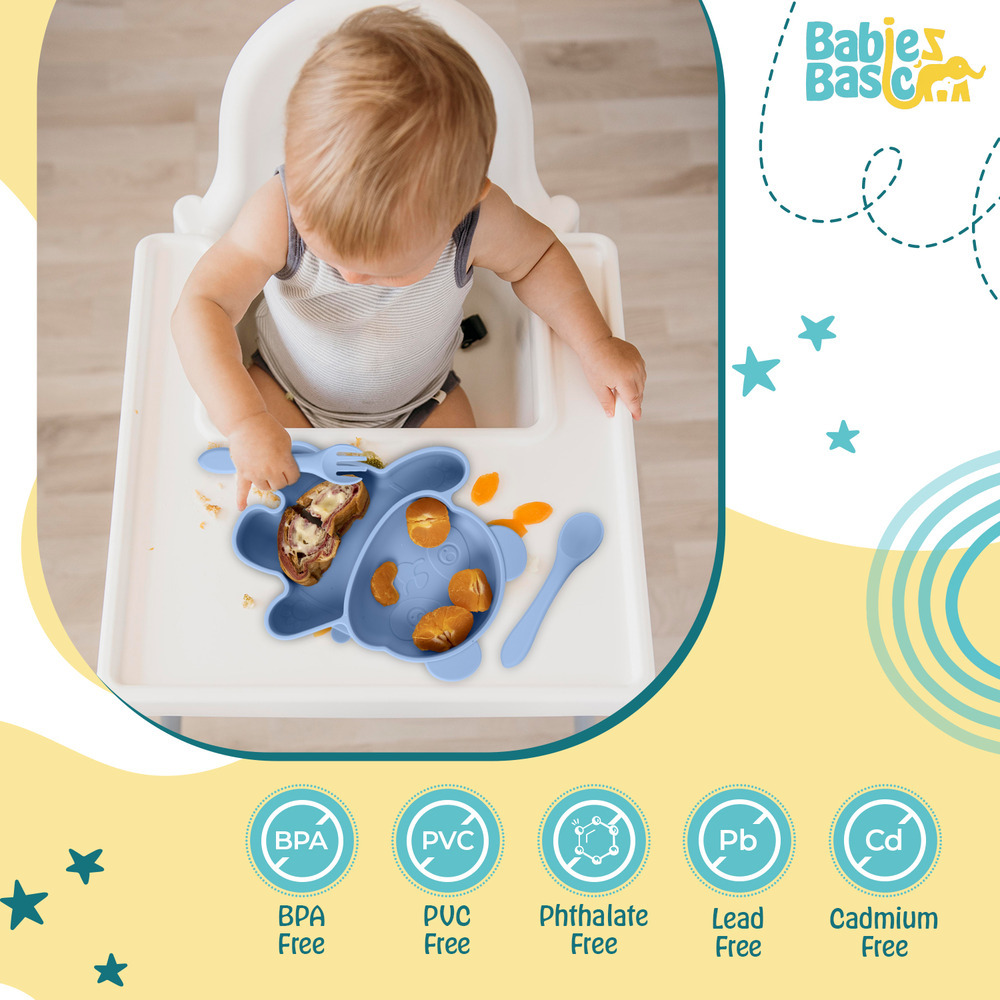 Babies Basic - Silicone Plate, Spoon and Fork Panda Feeding Set - 3 Pcs - Blue