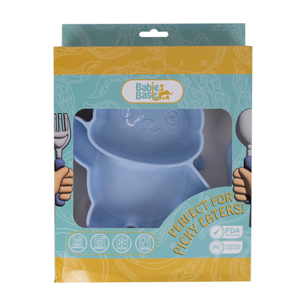 Babies Basic - Silicone Plate, Spoon and Fork Panda Feeding Set - 3 Pcs - Blue