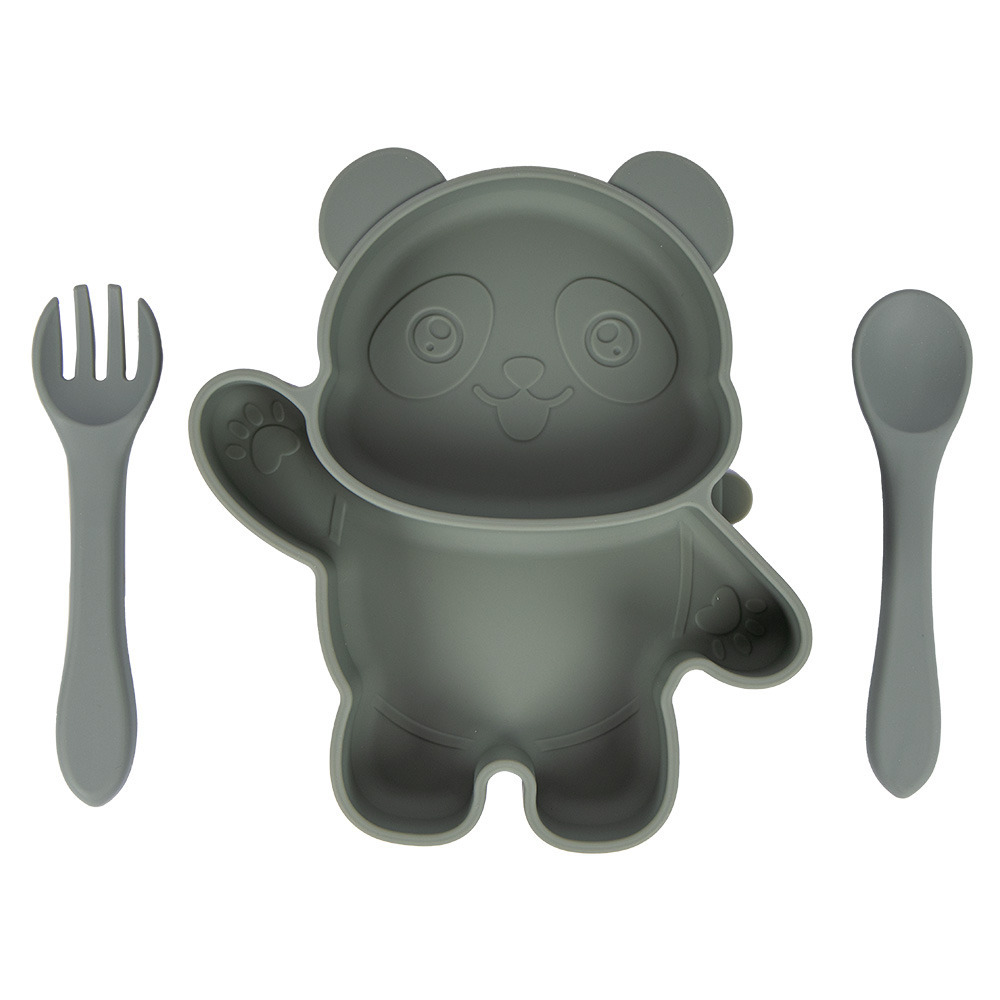 Babies Basic - Silicone Plate, Spoon and Fork Panda Feeding Set - 3 Pcs - Green