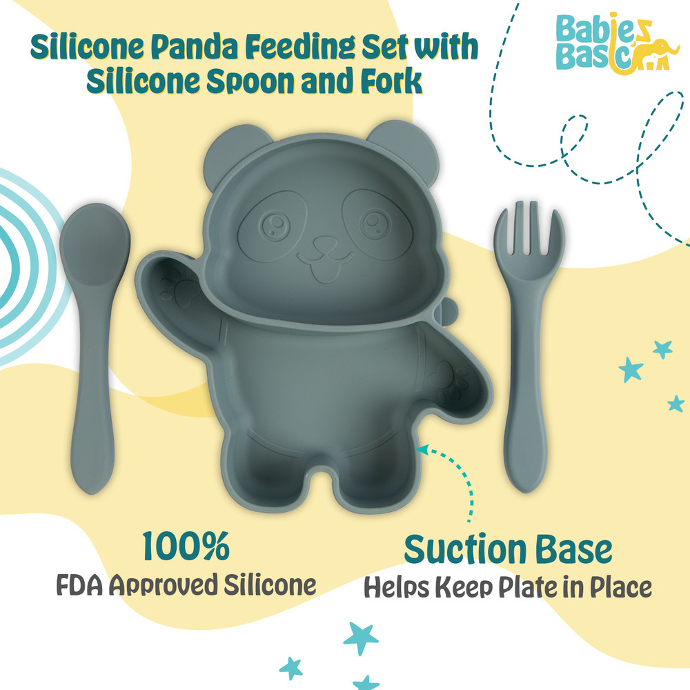 Babies Basic - Silicone Plate, Spoon and Fork Panda Feeding Set - 3 Pcs - Green