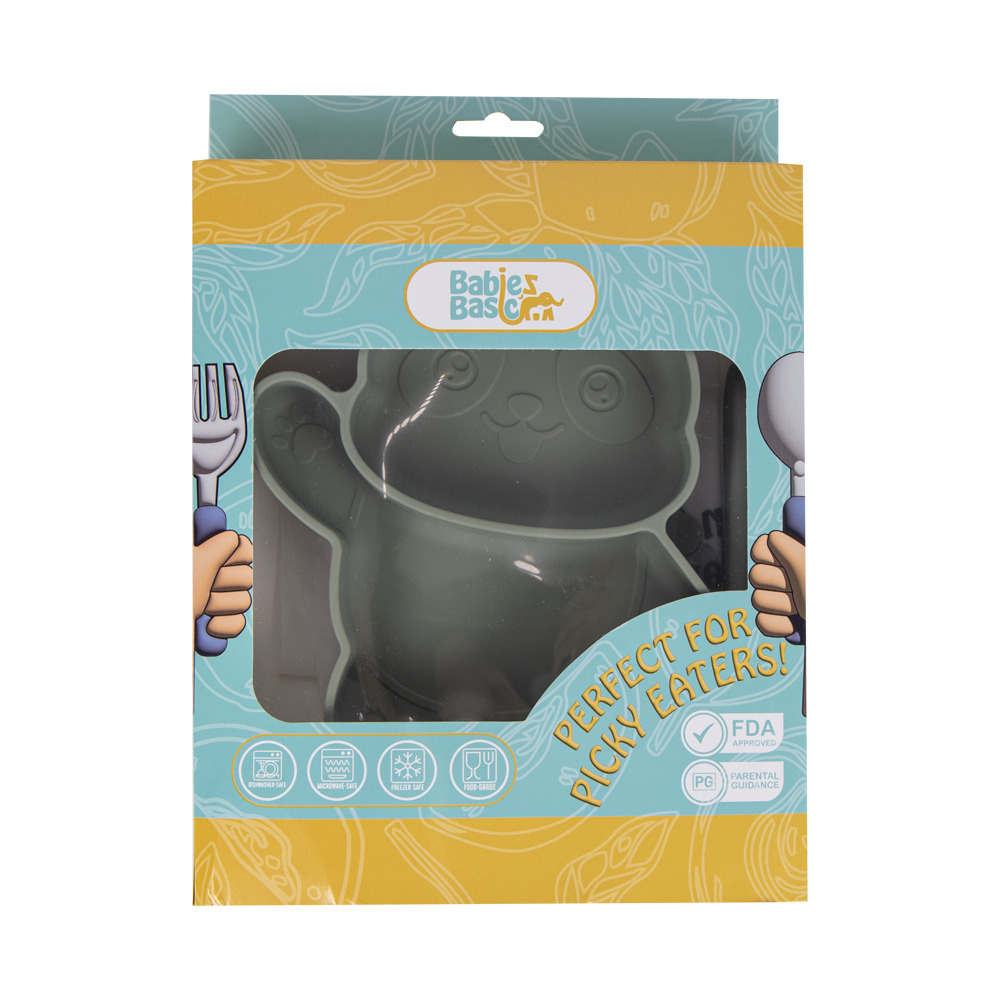 Babies Basic - Silicone Plate, Spoon and Fork Panda Feeding Set - 3 Pcs - Green