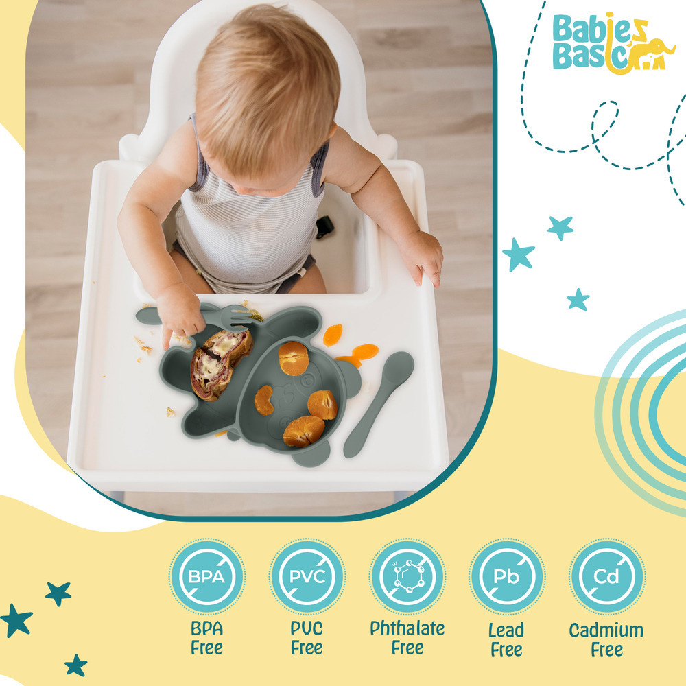 Babies Basic - Silicone Plate, Spoon and Fork Panda Feeding Set - 3 Pcs - Green
