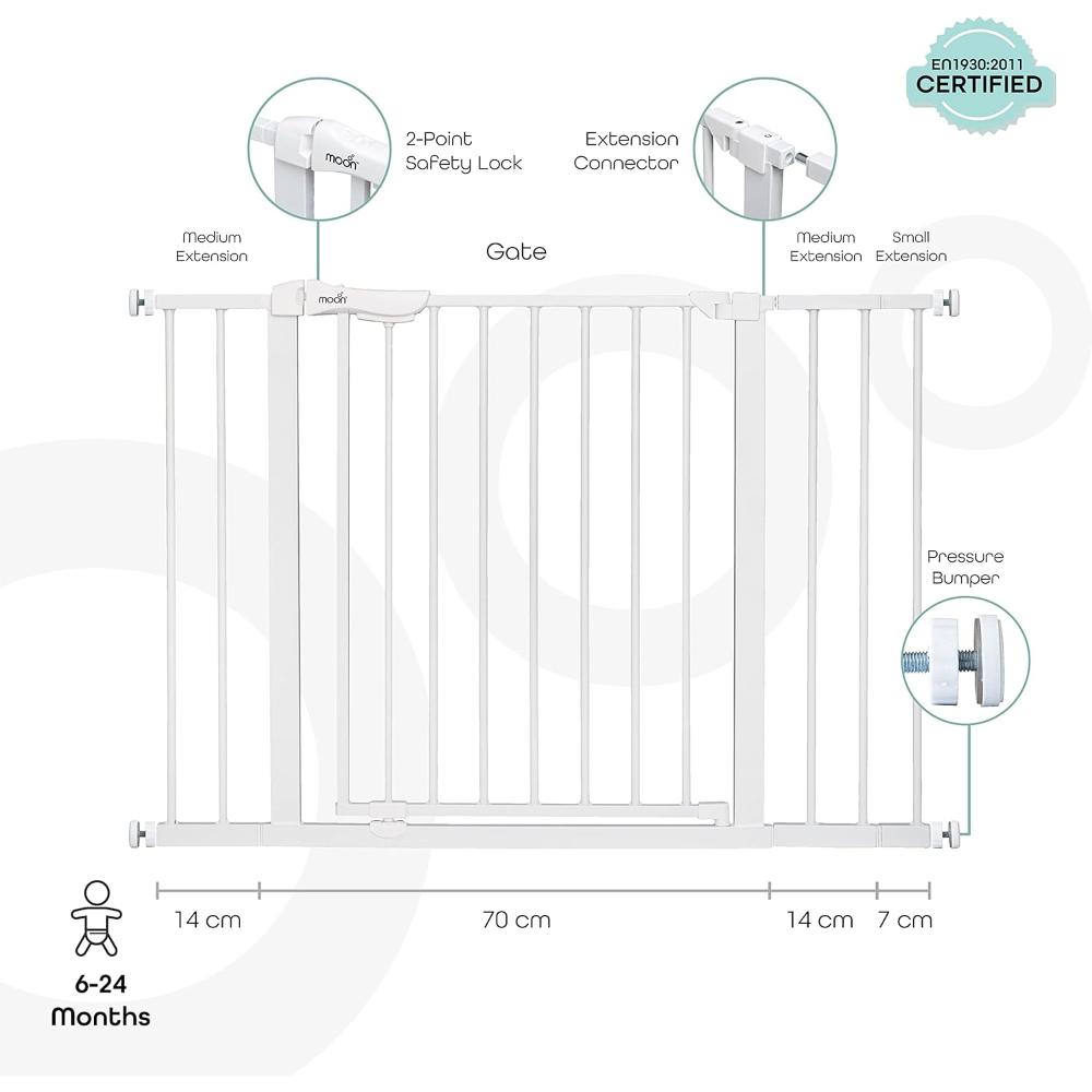 Moon - Safety Metal Gate 74.5-114 cm With Extension 7 & 14 cm - White