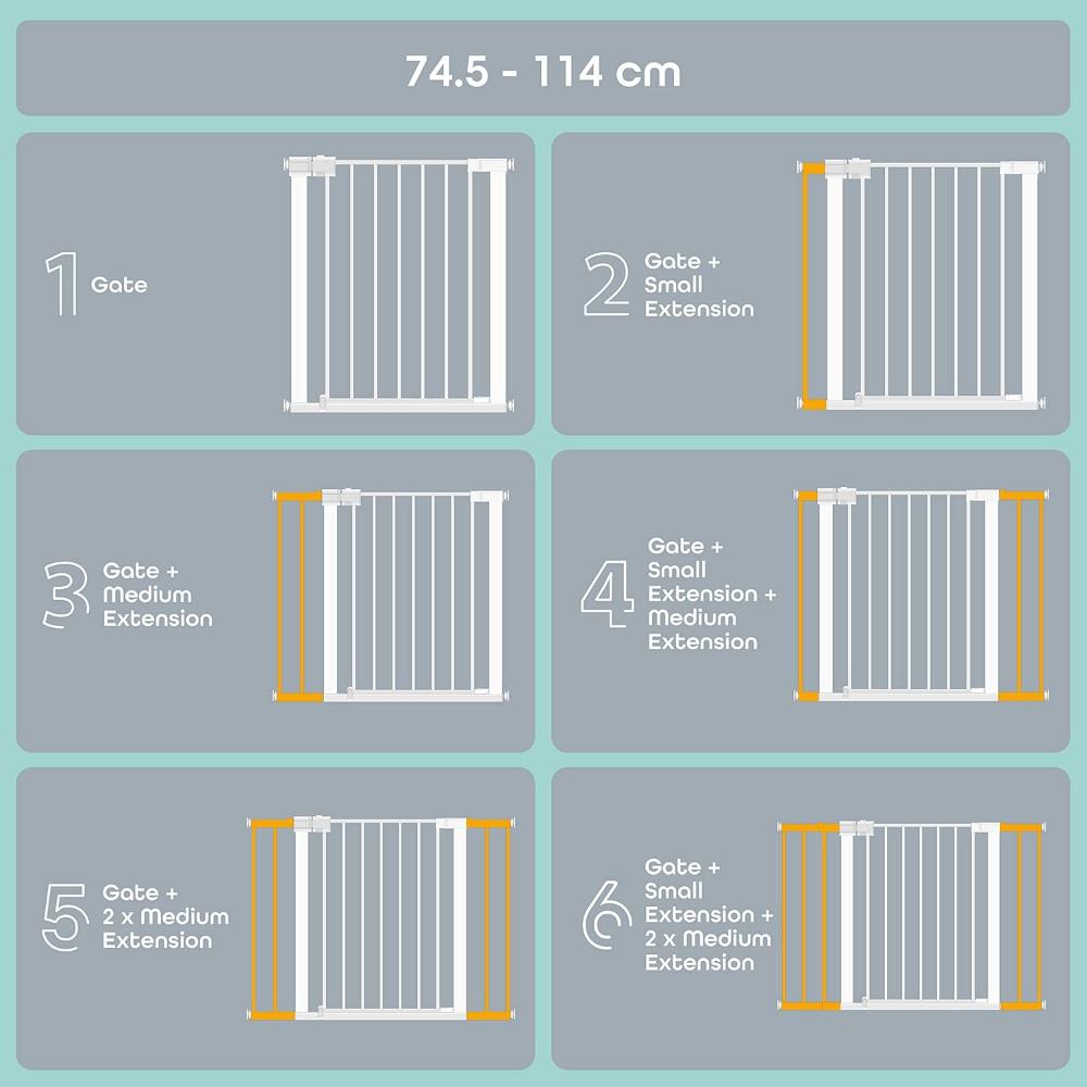 Moon - Safety Metal Gate 74.5-114 cm With Extension 7 & 14 cm - White