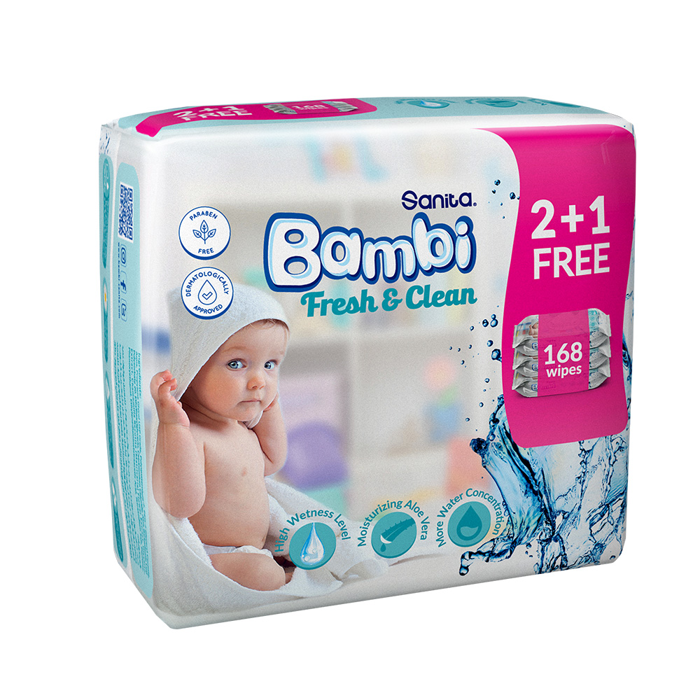 Sanita Bambi Baby Wet Wipes Fresh & Clean (2+1) - 168 Wipes