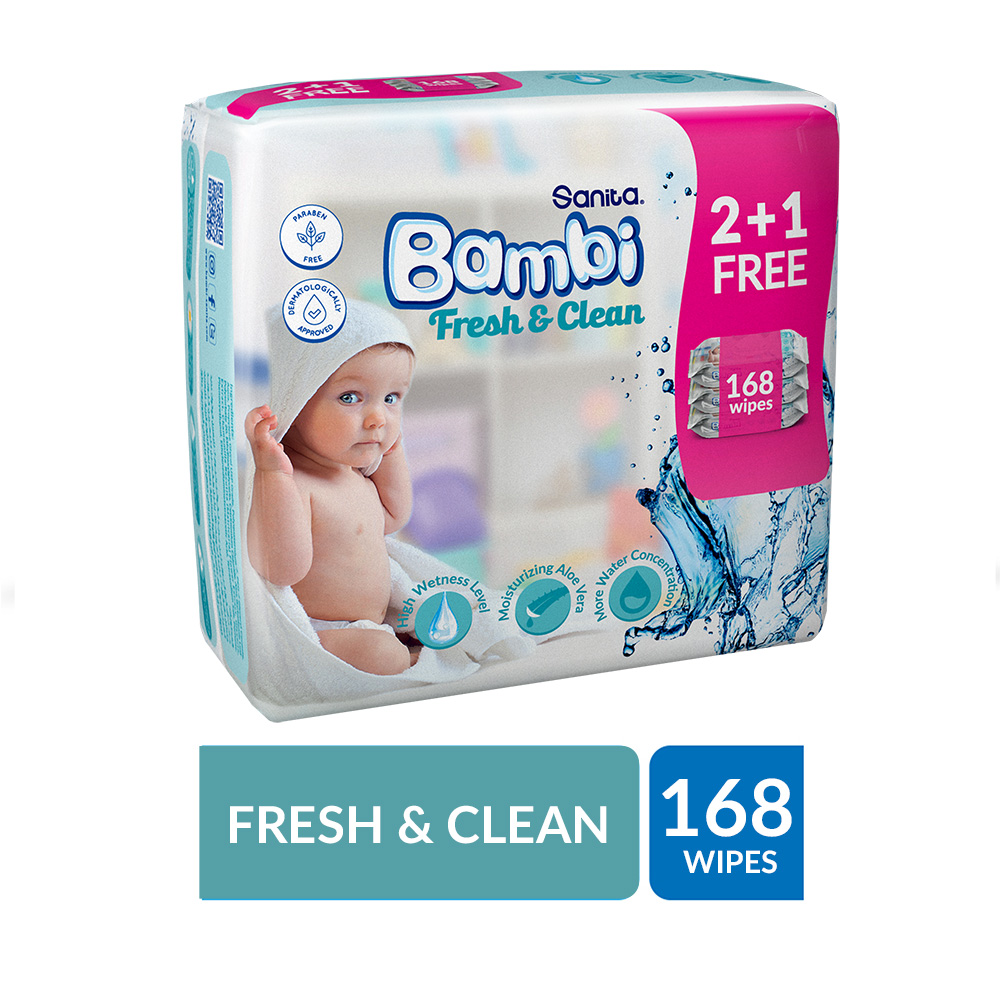 Sanita Bambi Baby Wet Wipes Fresh & Clean (2+1) - 168 Wipes