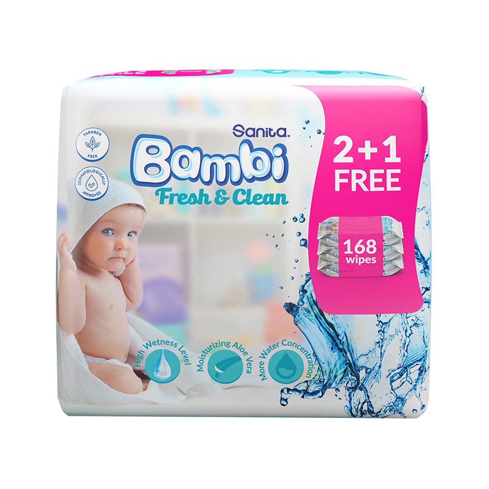 Sanita Bambi Baby Wet Wipes Fresh & Clean (2+1) - 168 Wipes