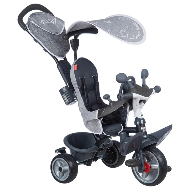 Smoby Baby Driver Plus Grey Tricycle – 2-in-1 Pushchair & Trike with Adjustable Handle, Safety Features, and UV Canopy