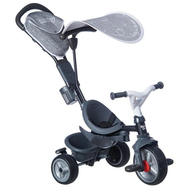 Smoby Baby Driver Plus Grey Tricycle – 2-in-1 Pushchair & Trike with Adjustable Handle, Safety Features, and UV Canopy