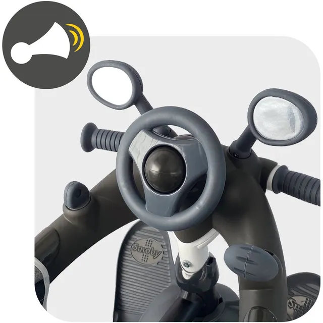 Smoby Baby Driver Plus Grey Tricycle – 2-in-1 Pushchair & Trike with Adjustable Handle, Safety Features, and UV Canopy