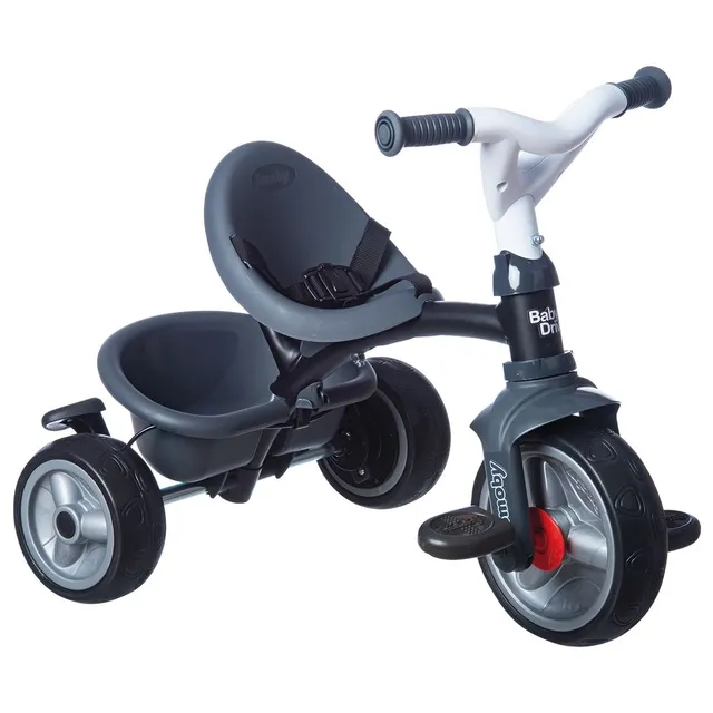 Smoby Baby Driver Plus Grey Tricycle – 2-in-1 Pushchair & Trike with Adjustable Handle, Safety Features, and UV Canopy