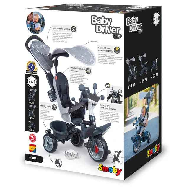 Smoby Baby Driver Plus Grey Tricycle – 2-in-1 Pushchair & Trike with Adjustable Handle, Safety Features, and UV Canopy