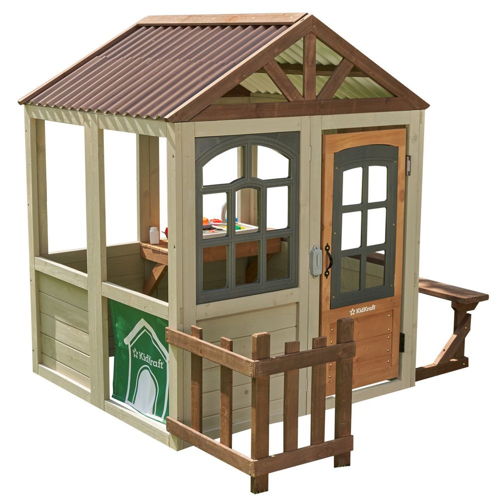 KidKraft Pioneer Cottage Wooden Playhouse - Outdoor Toy for Kids, Playhouse with Porch
