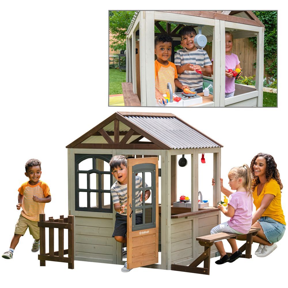 KidKraft Pioneer Cottage Wooden Playhouse - Outdoor Toy for Kids, Playhouse with Porch
