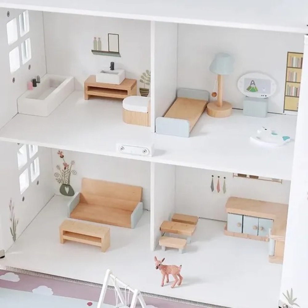Woody Buddy Doll House with Accessories - Imaginative Play Wooden Toy for Ages 3+, Non-Toxic, 49.5x24.5x59.5 cm White House