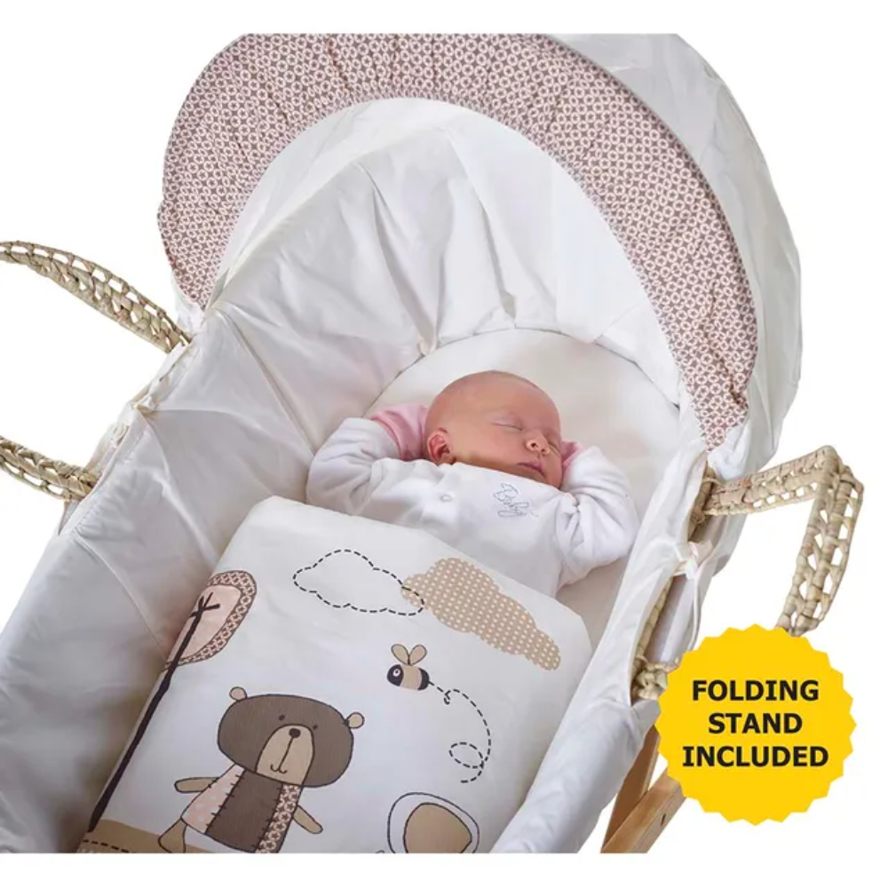 Kinder Valley - Tiny Ted Cream Palm Moses Basket With Opal Folding Stand Natural