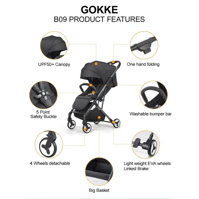 Babydoes - Bueno Baby Stroller with 360° Rotating Seat (Up to 20 kg) - Black
