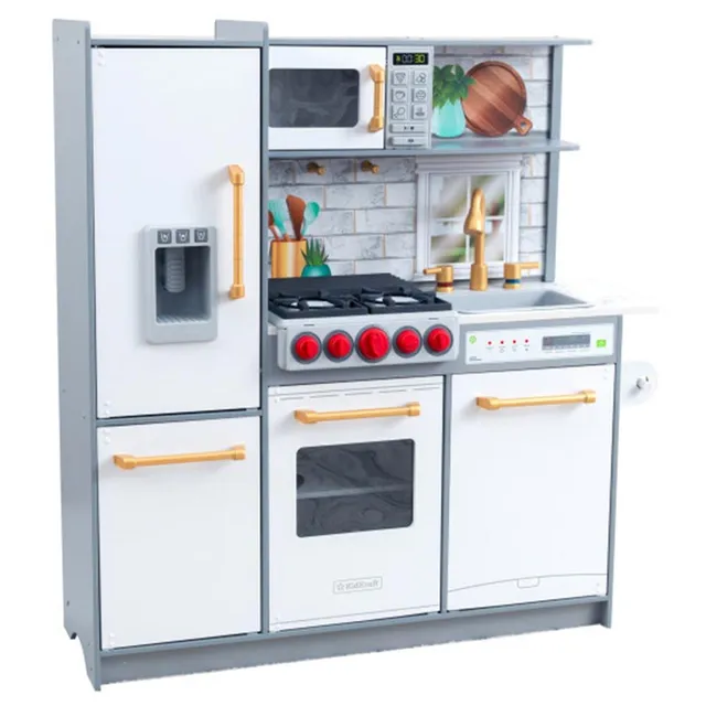 KidKraft Uptown Elite White Play Kitchen with Accessories - Wooden Toy Kitchen for Kids, Pretend Play Kitchen Set, Durable Kids Play Kitchen with Oven, Sink & Refrigerator