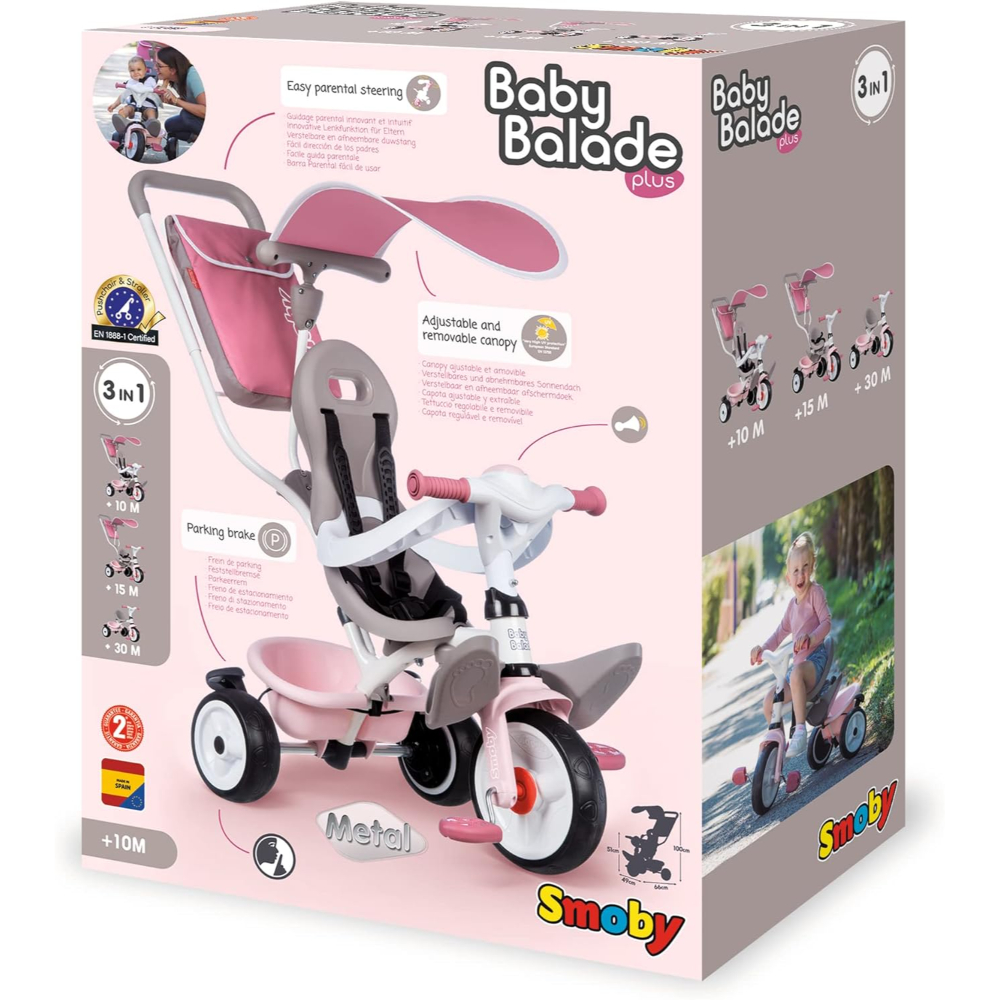 Smoby Baby Balade Pink Tricycle – 2-in-1 Kids Ride-On Trike with Adjustable Features, Safety Bar & Sun Canopy