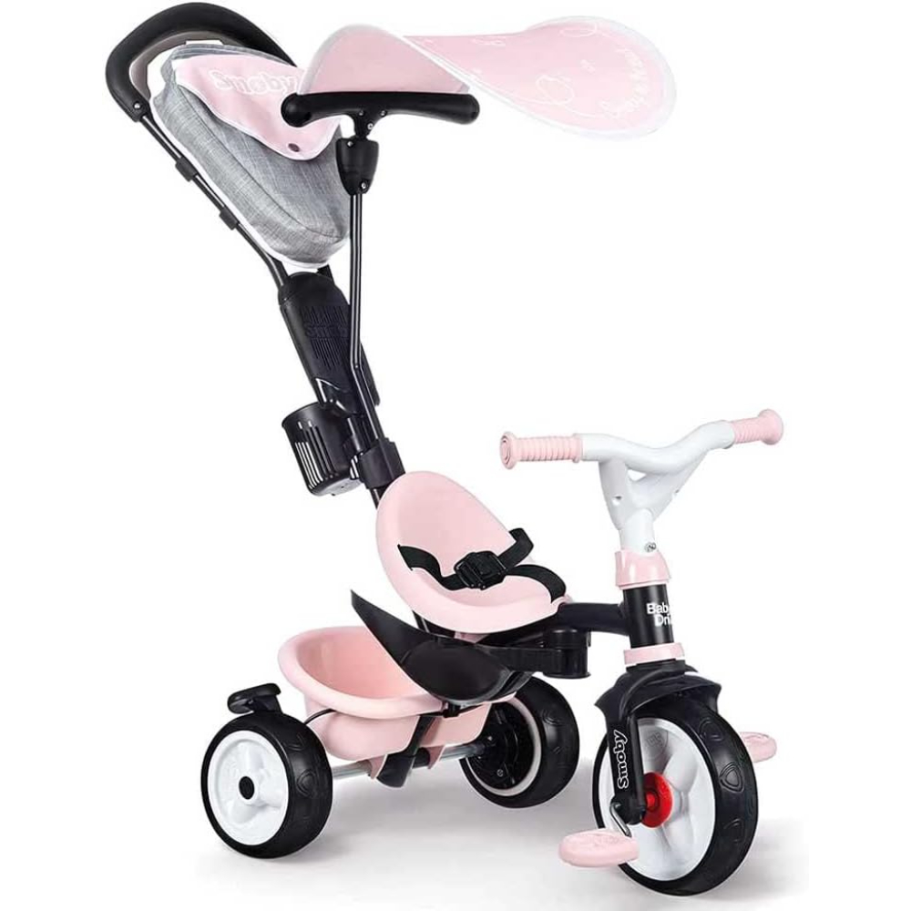 Smoby Tricycle Baby Driver Plus Pink – Kids Ride-On Trike with Adjustable Features, Safety Bar & Sun Canopy