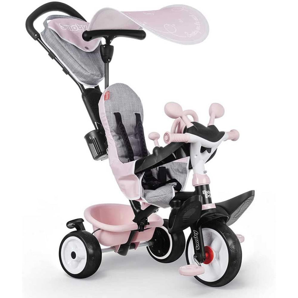 Smoby Tricycle Baby Driver Plus Pink – Kids Ride-On Trike with Adjustable Features, Safety Bar & Sun Canopy