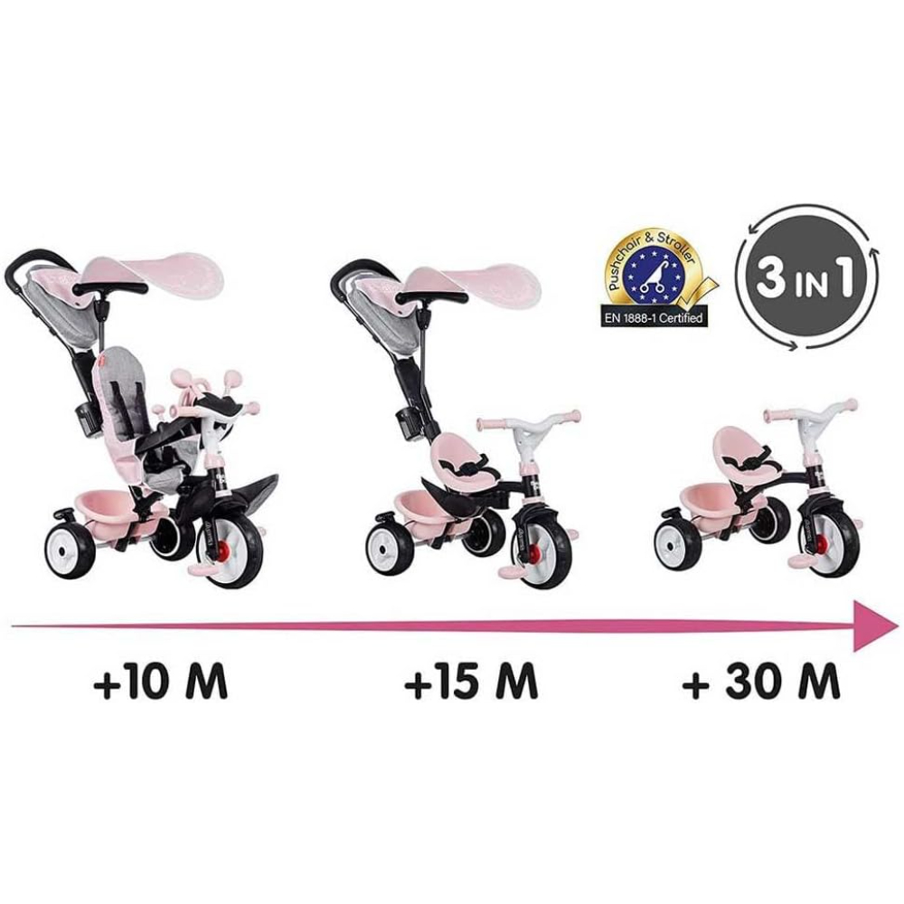 Smoby Tricycle Baby Driver Plus Pink – Kids Ride-On Trike with Adjustable Features, Safety Bar & Sun Canopy