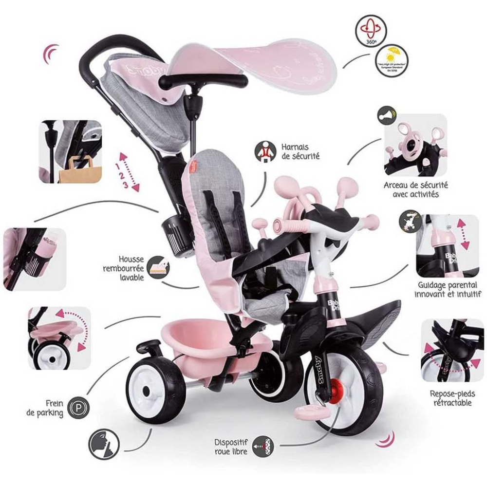 Smoby Tricycle Baby Driver Plus Pink – Kids Ride-On Trike with Adjustable Features, Safety Bar & Sun Canopy