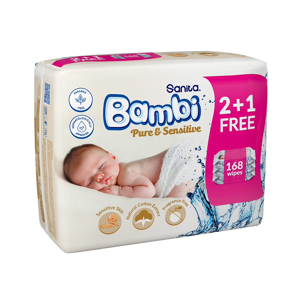 Sanita Bambi Baby Wet Wipes Pure & Sensitive (2+1) - 168 Wipes