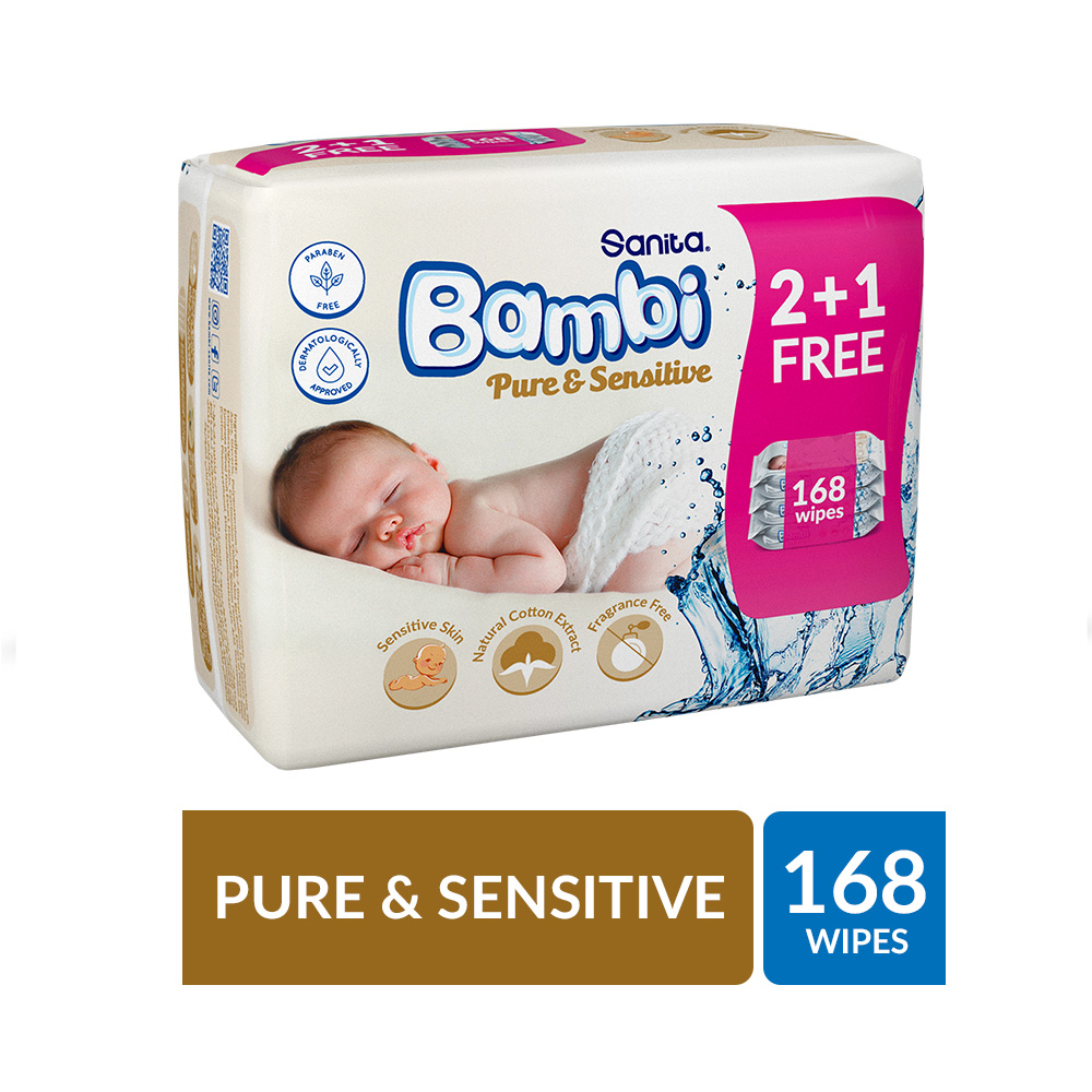 Sanita Bambi Baby Wet Wipes Pure & Sensitive (2+1) - 168 Wipes