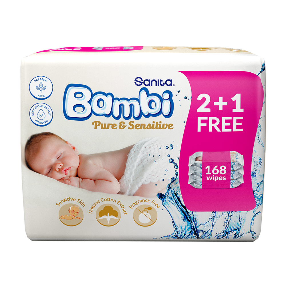 Sanita Bambi Baby Wet Wipes Pure & Sensitive (2+1) - 168 Wipes